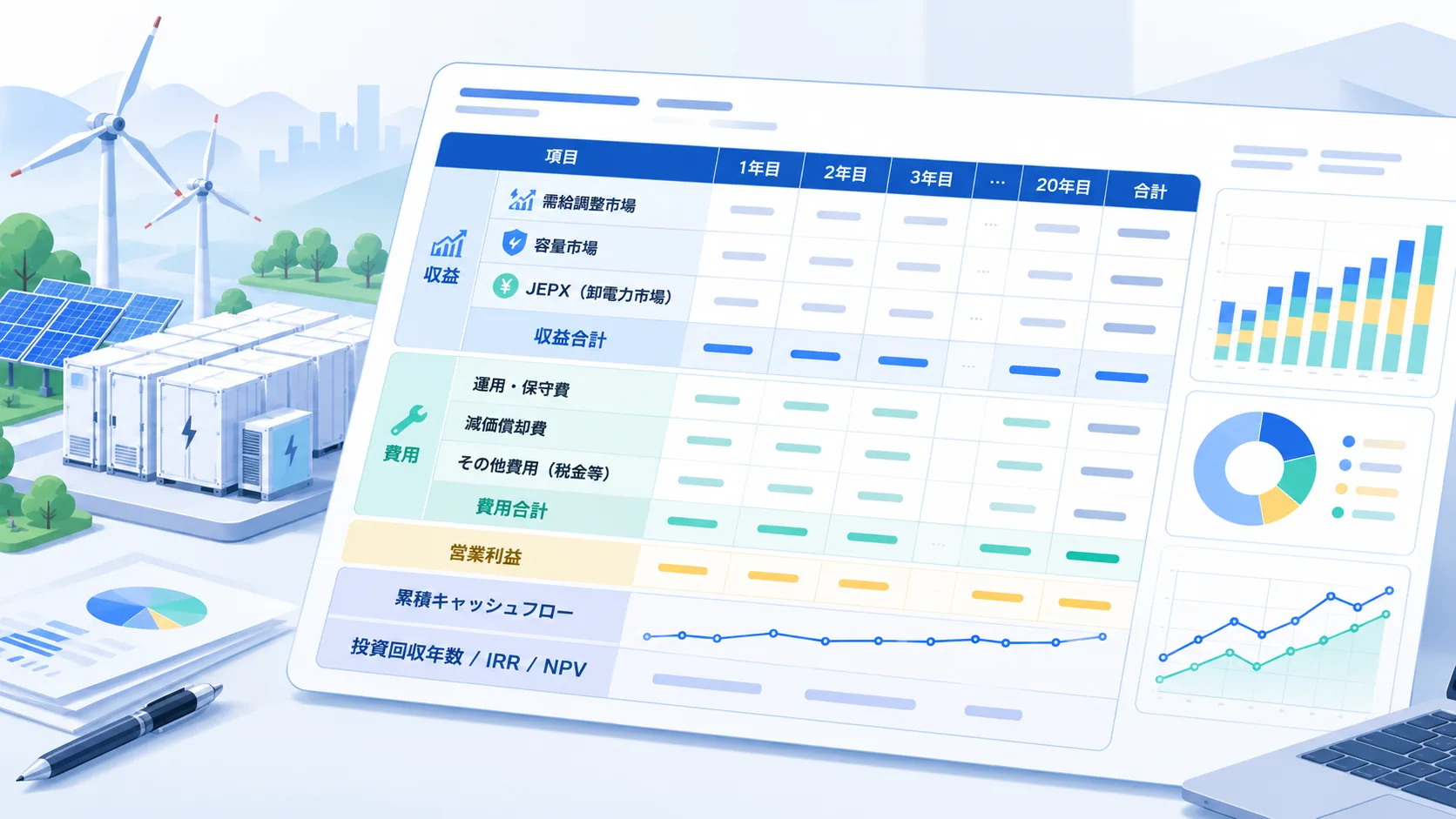 需給調整市場・容量市場・JEPXの収益と費用を年度別に整理した系統用蓄電池の収支計画表のイメージ