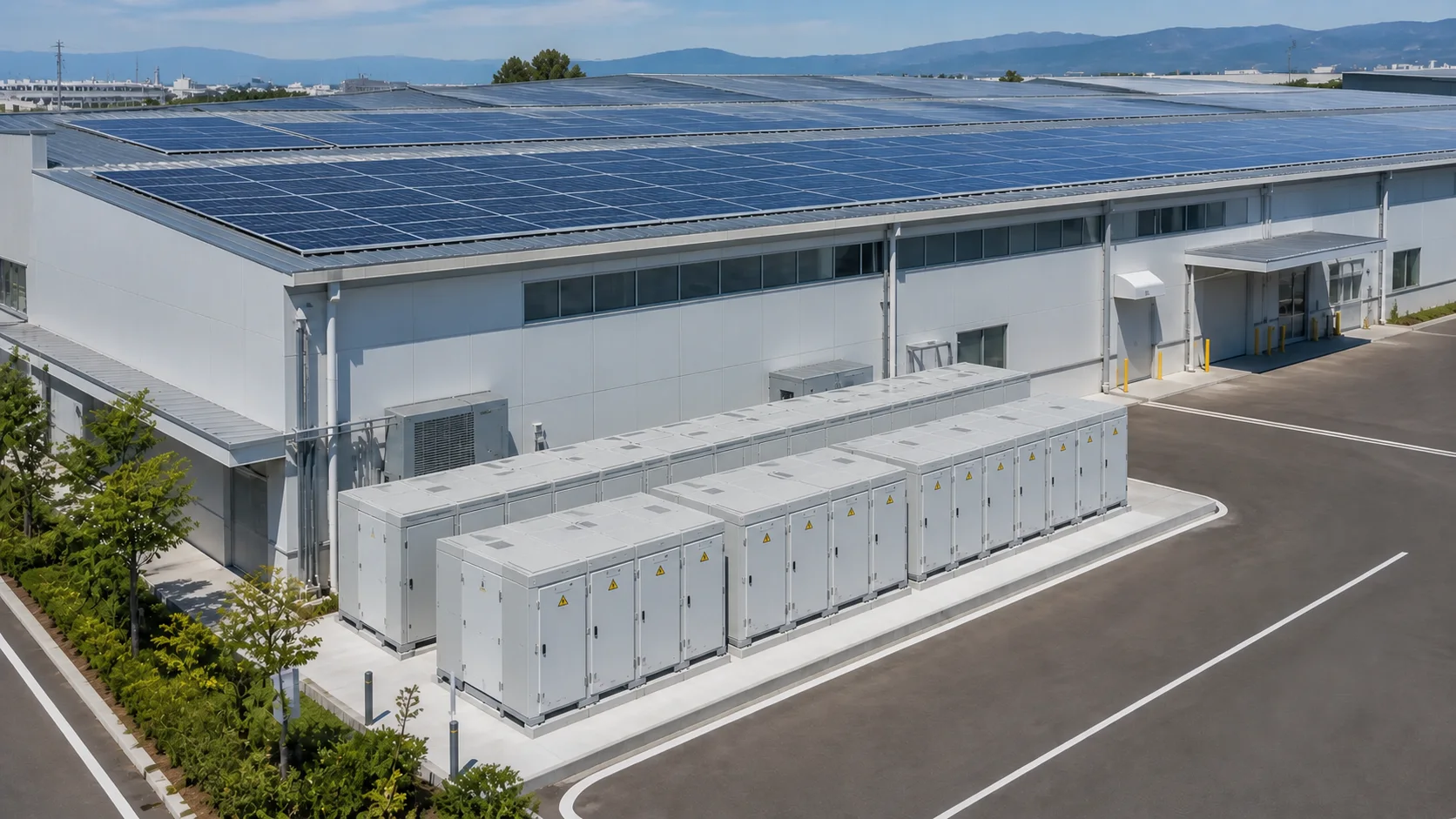 屋根上の太陽光パネルと工場に併設された産業用蓄電池