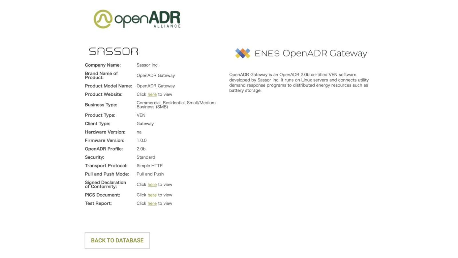 OpenADR Alliance認証製品データベースに掲載されたSassorの認証製品情報